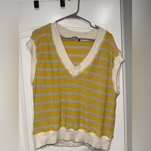 Zara Yellow and Gray Striped V-Neck Sweater